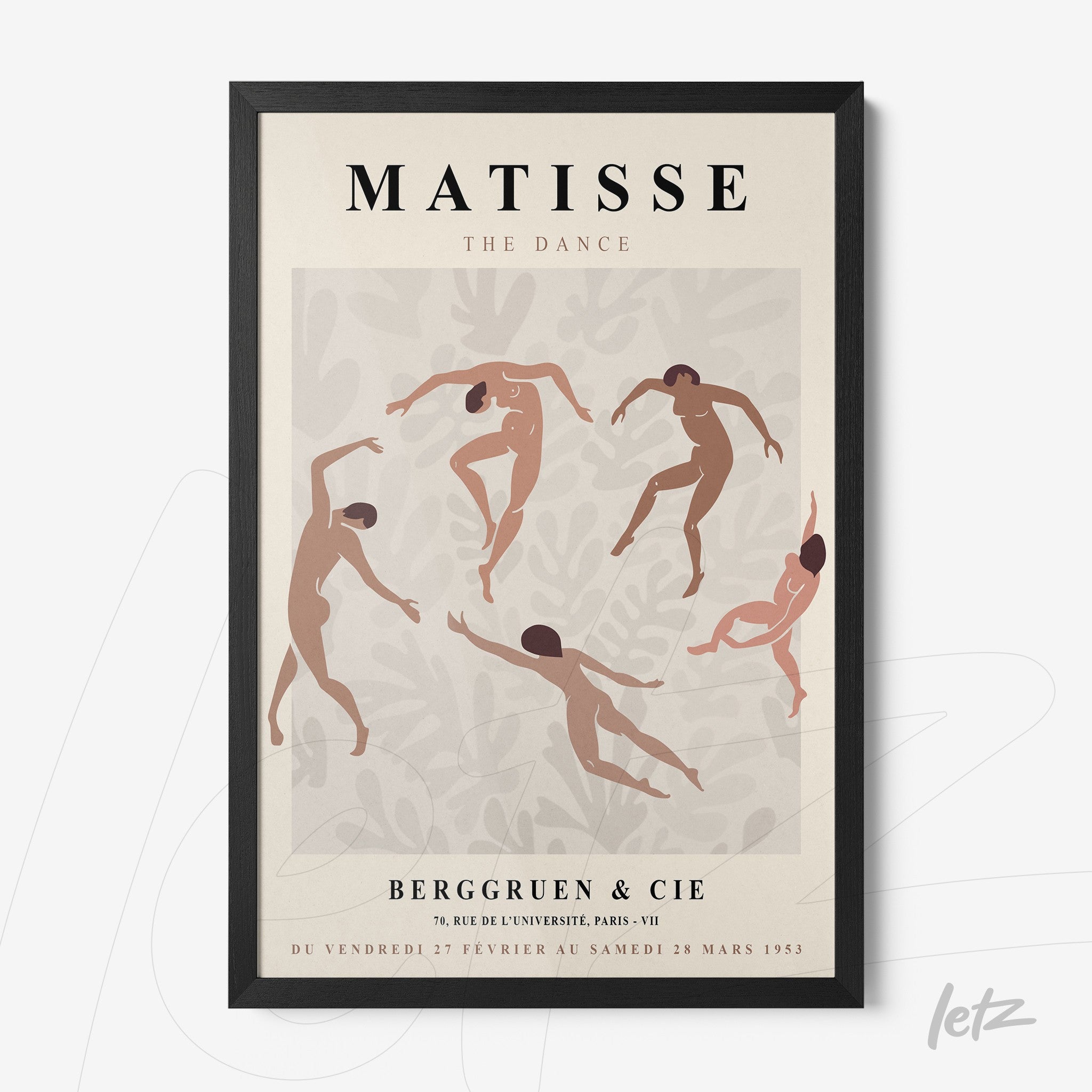 framed wall art featuring minimalist illustration of dancers in fluid movements, black frame, light foliage background