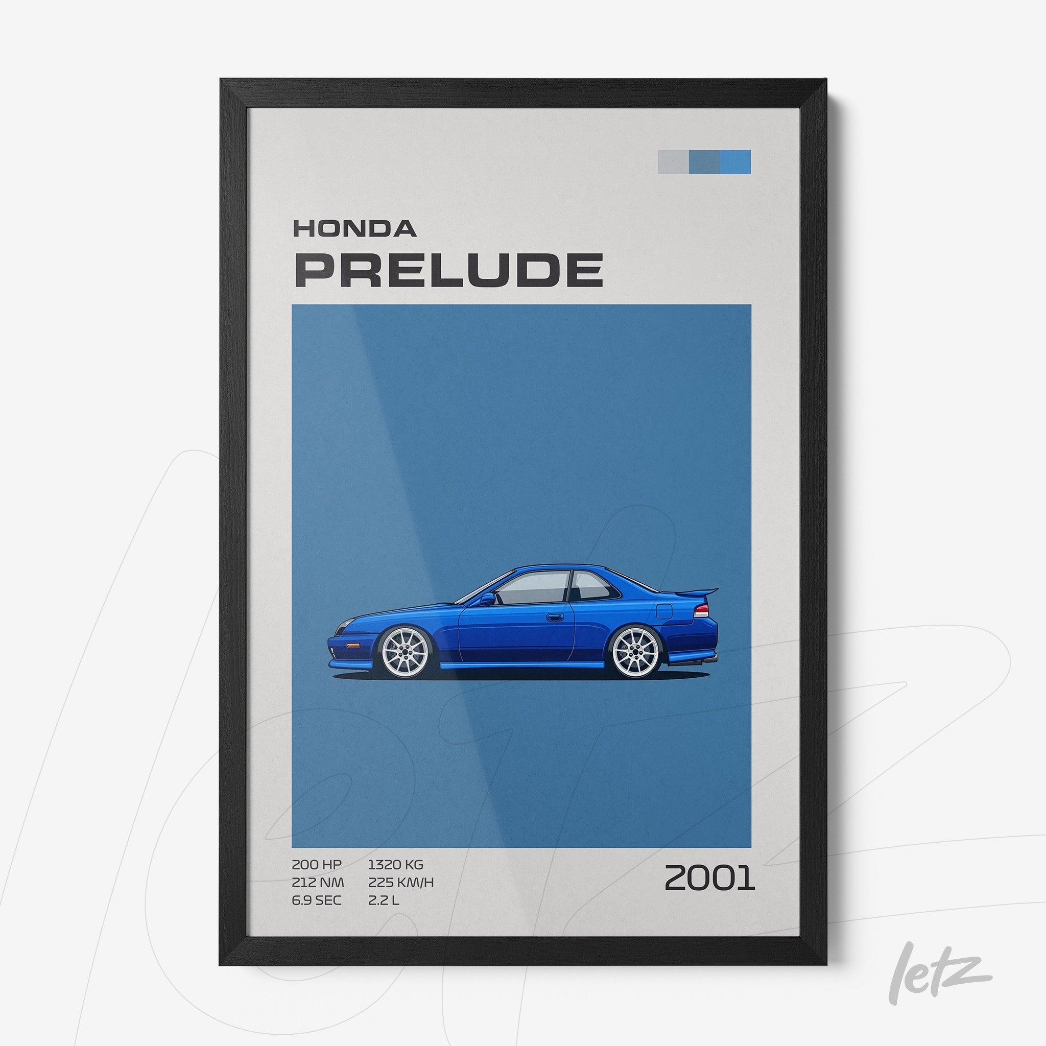 framed art featuring a stylized illustration of the 2001 Honda Prelude on a blue background with a black frame
