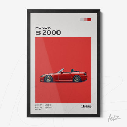 framed artwork of Honda S2000 car illustration on red background with black frame