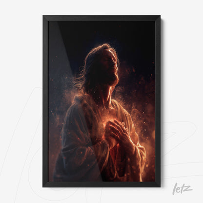 framed wall art of serene Jesus with a glowing background and black frame
