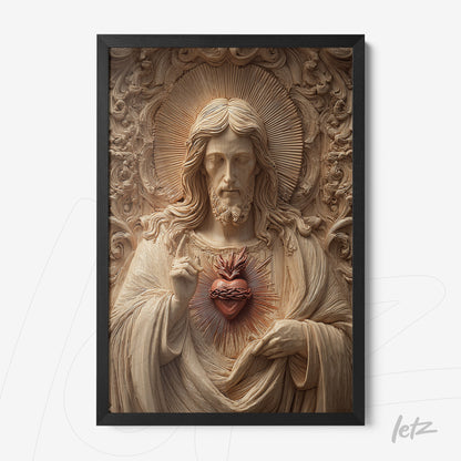 framed wall art featuring sacred relief sculpture of Jesus with sacred heart, framed in a sleek black frame