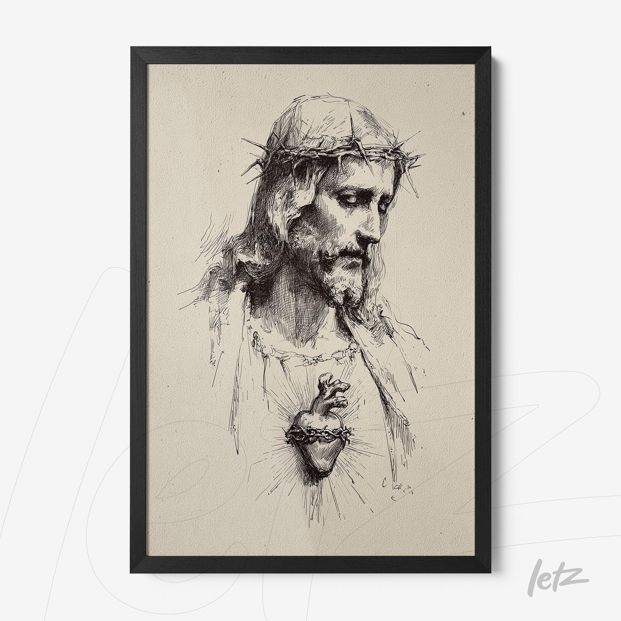 framed wall art depicting the portrait of Jesus Christ with a crown of thorns and exposed heart in black frame