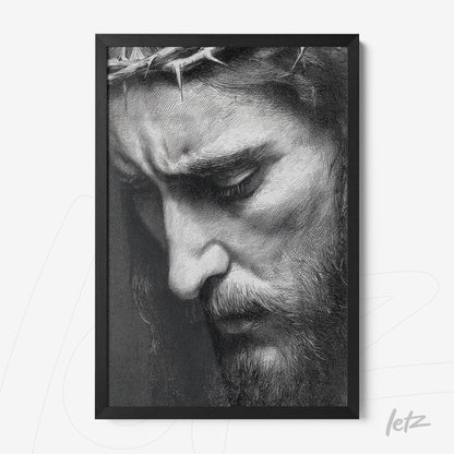 framed artwork featuring a black and white portrait of Jesus with a crown of thorns