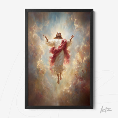 framed religious art of Jesus Christ ascending among clouds with black frame