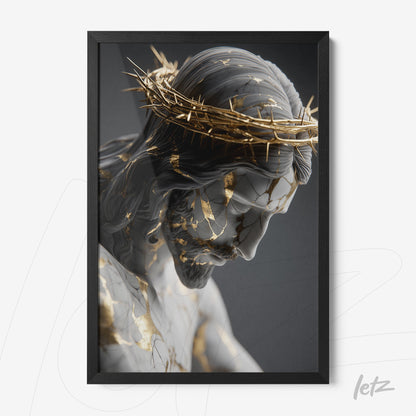 framed artwork of christ with golden details and a black frame