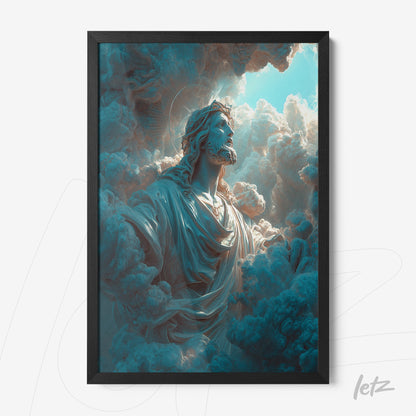 framed wall art depicting jesus in dramatic clouds with a black frame