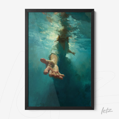 framed impressionist art of a hand emerging from water with a black frame