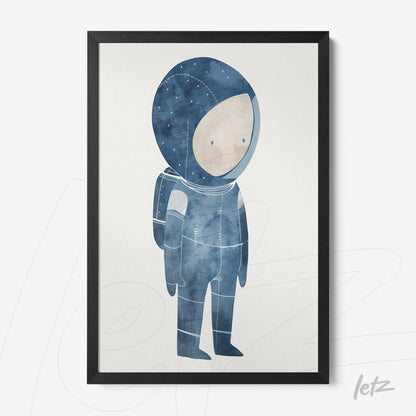 framed artwork featuring a blue astronaut illustration with a black frame