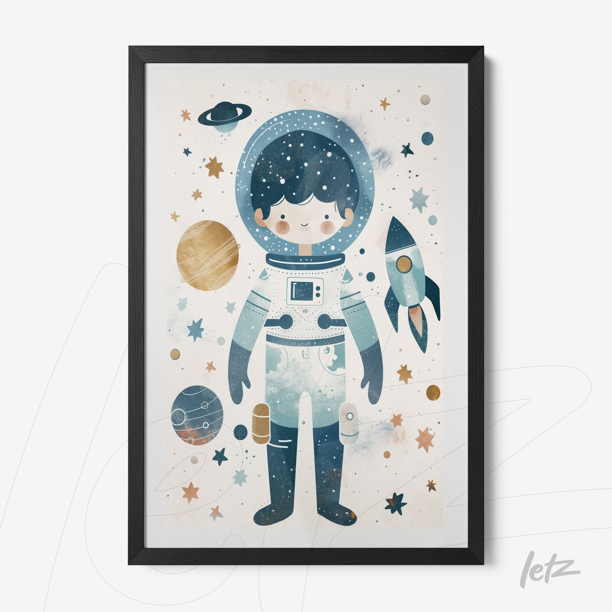 framed children's art of an astronaut surrounded by planets, stars, and a rocket in a cosmic background