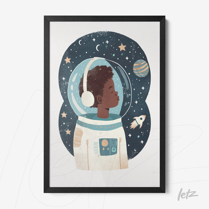 framed wall art of a child astronaut against a starry background with black frame