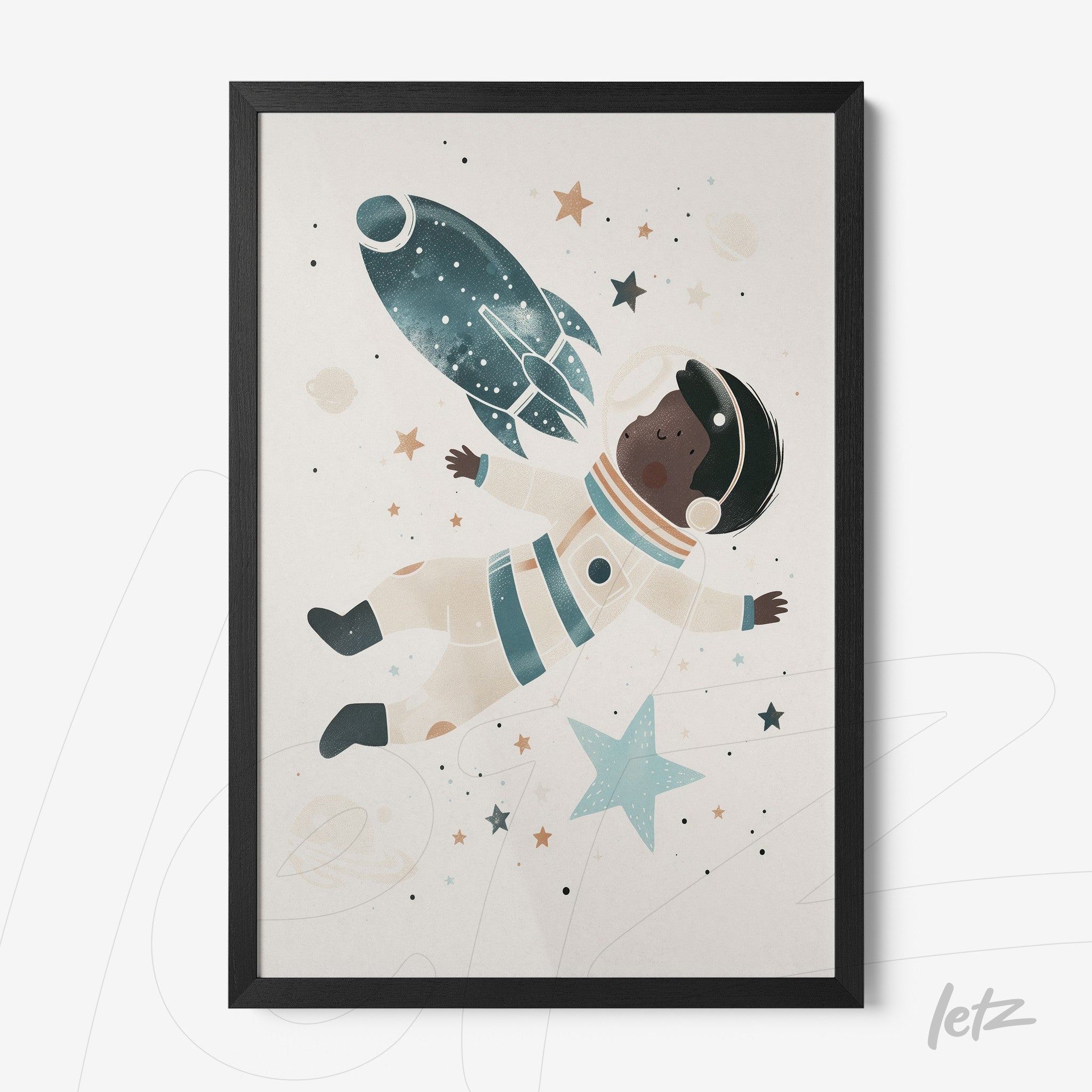 framed artwork featuring a black astronaut floating in space with a rocket and colorful stars in the background