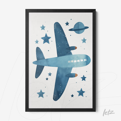 framed watercolor illustration of a blue airplane surrounded by stars and saturn planet