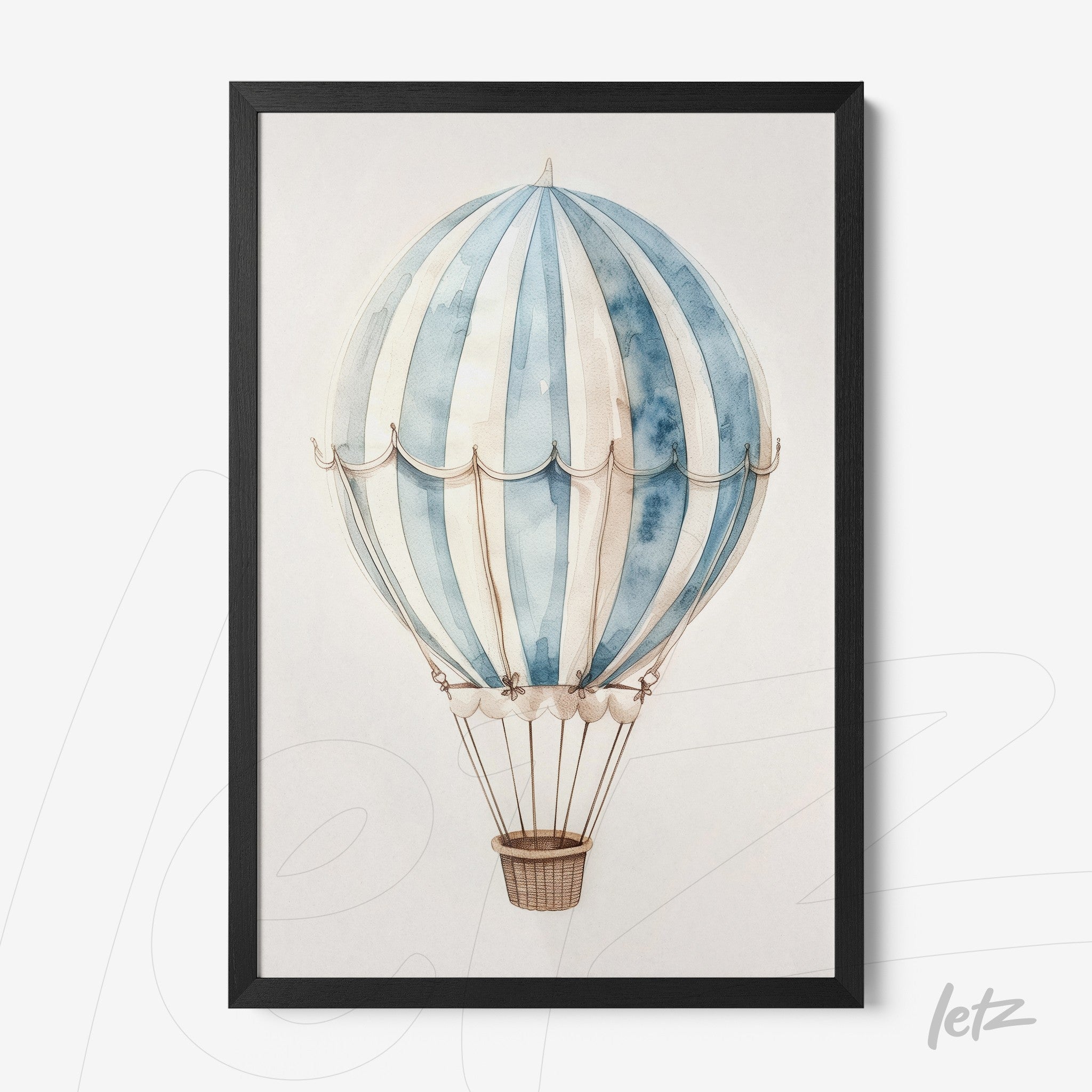 framed artwork of a hot air balloon in blue tones with a black frame