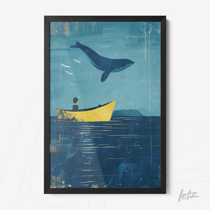 framed illustration of a whale jumping above a yellow boat against a blue background