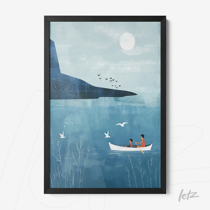 framed minimalist illustration of a couple in a boat on a blue lake under a clear sky