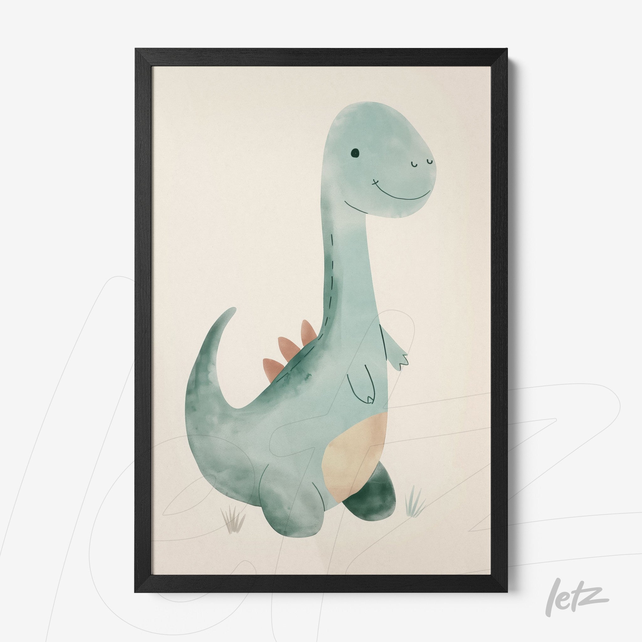 framed artwork featuring a cute dinosaur illustration with a black frame
