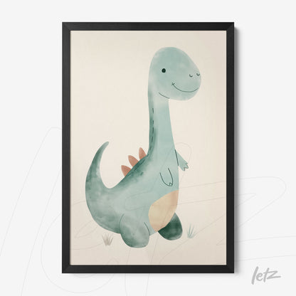 framed artwork featuring a cute dinosaur illustration with a black frame