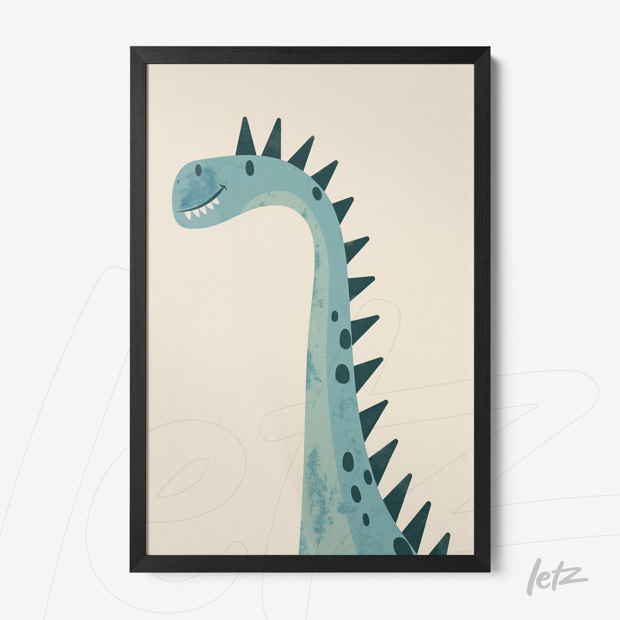 framed art featuring a long-neck dinosaur illustration on light background with black frame