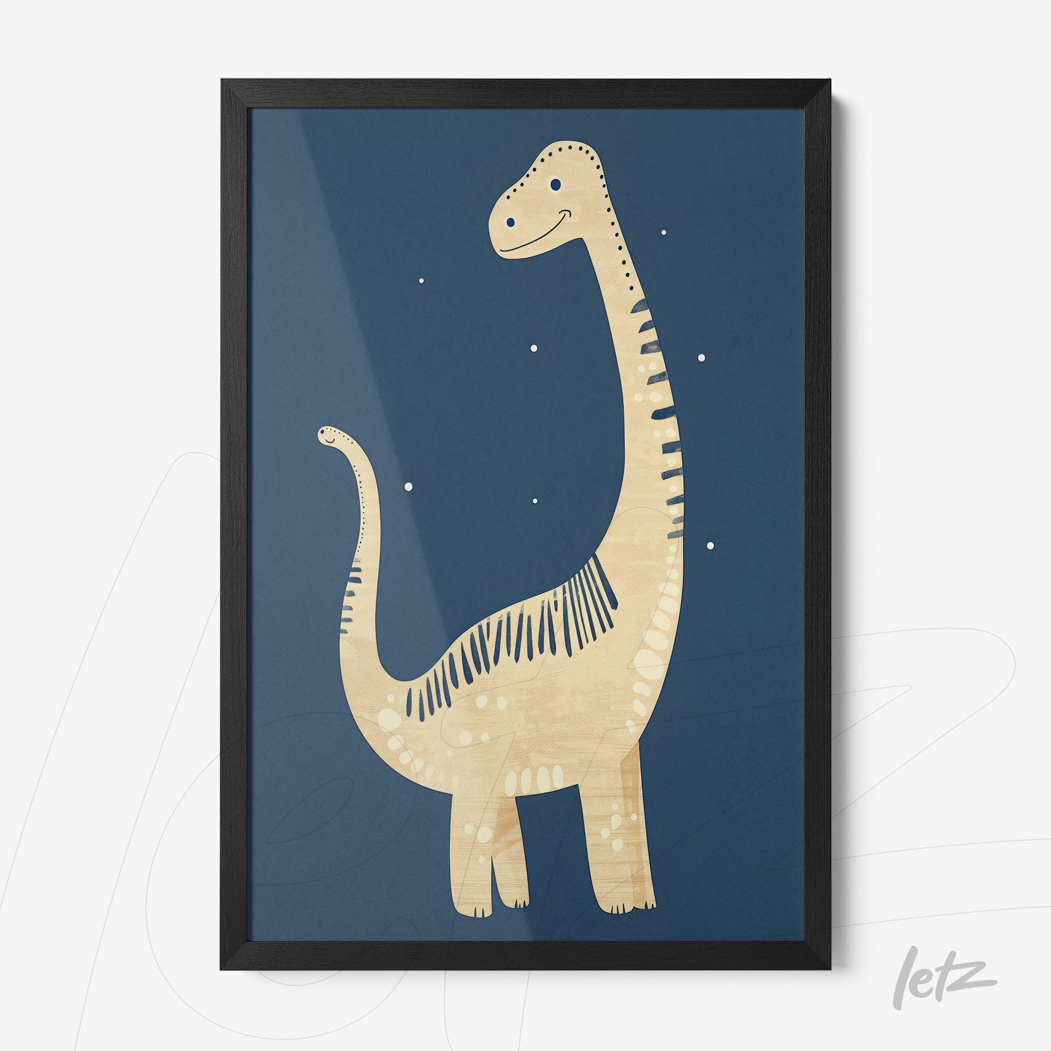 framed children's art of a friendly dinosaur on a blue background with black frame