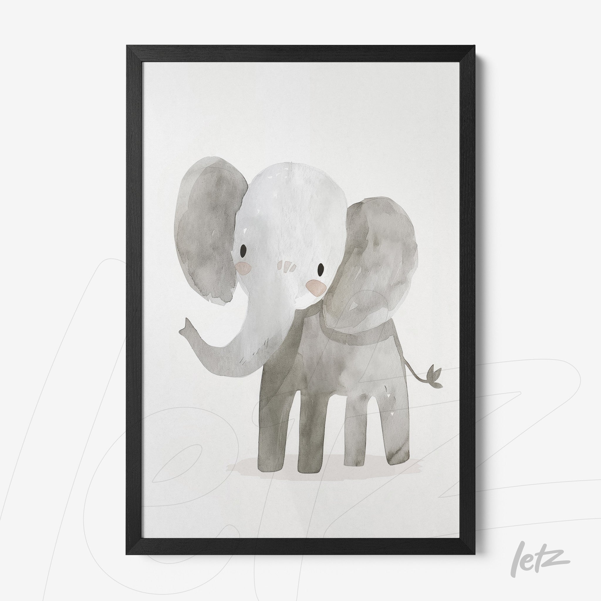 framed watercolor illustration of a gray elephant with a black frame