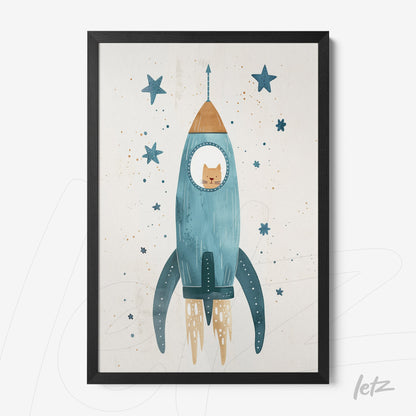 framed children's art featuring a cat inside a blue rocket against a light background with stars