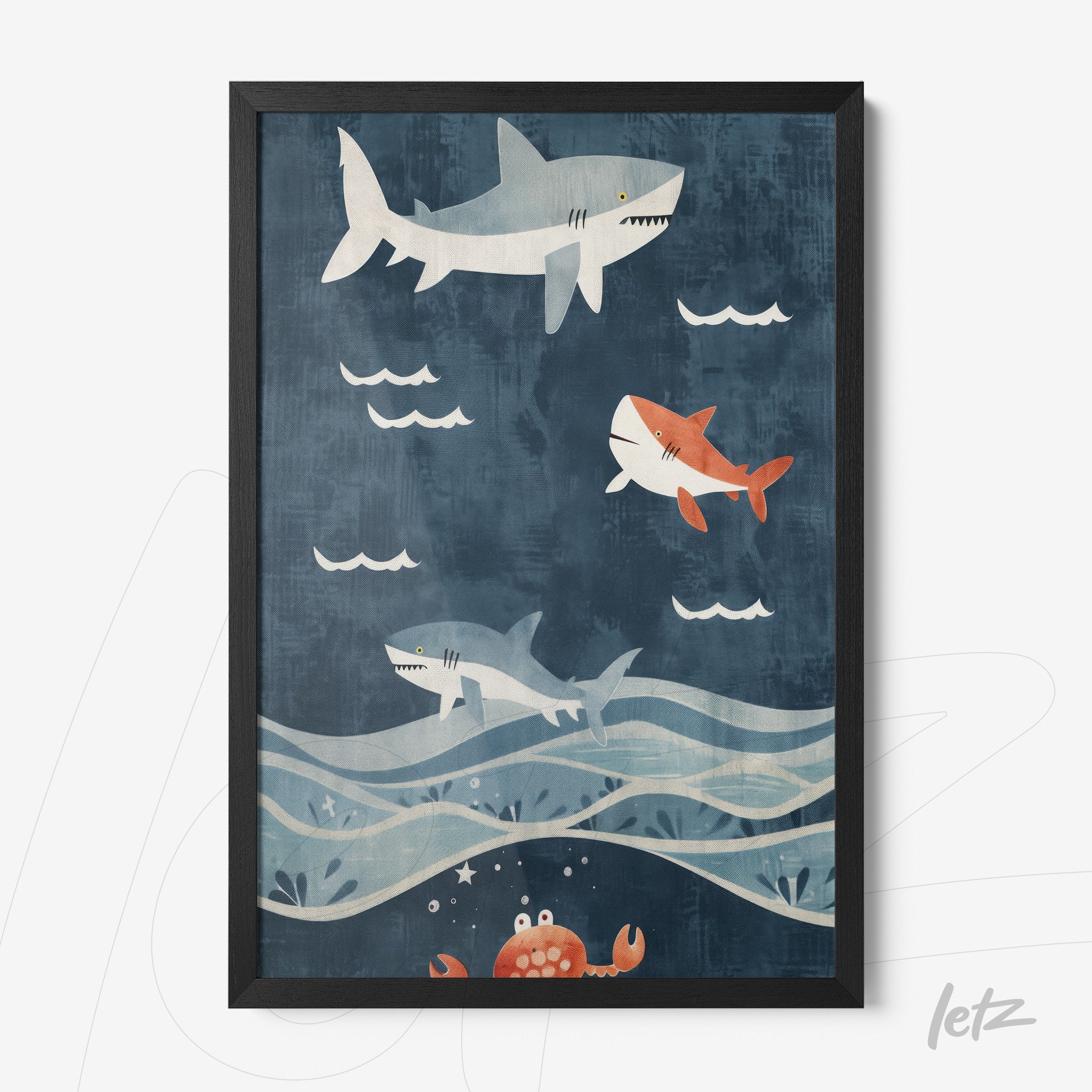 playful wall art featuring swimming sharks in a blue background with a black frame