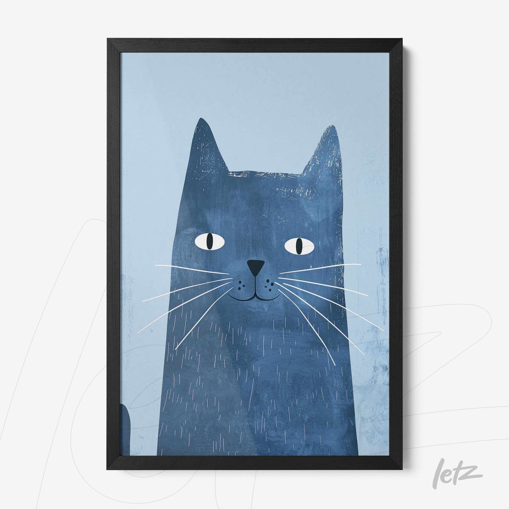 framed artwork featuring a blue cat illustration on light background with black frame