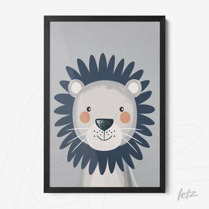framed children's illustration of a lion with a dark blue mane