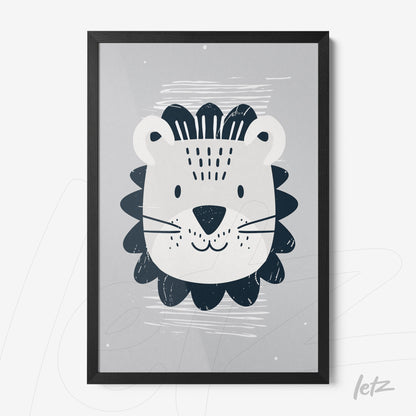 framed illustration of a stylized lion on gray background with black frame