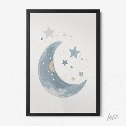 framed artwork featuring a blue moon illustration with stars against a light background