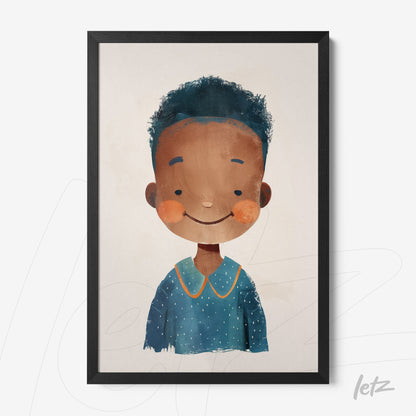framed children's illustration of a smiling boy with curly hair wearing a blue shirt with orange details