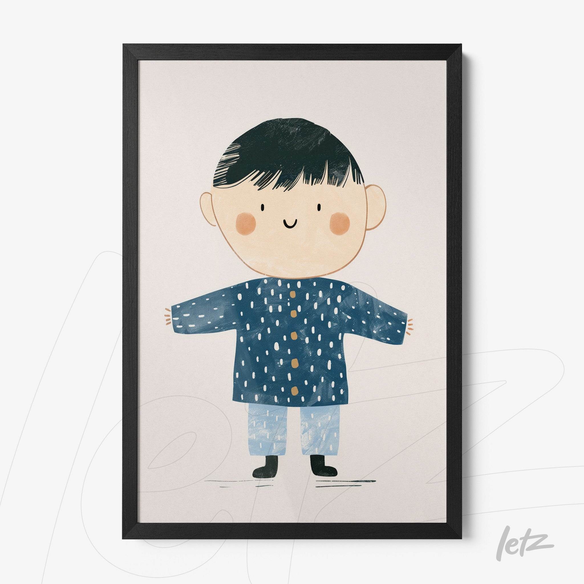 framed art print featuring a smiling boy in a blue coat and light pants