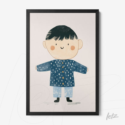 framed art print featuring a smiling boy in a blue coat and light pants