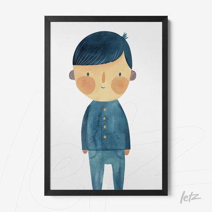 framed wall art featuring a cheerful boy illustration in blue outfit with black frame