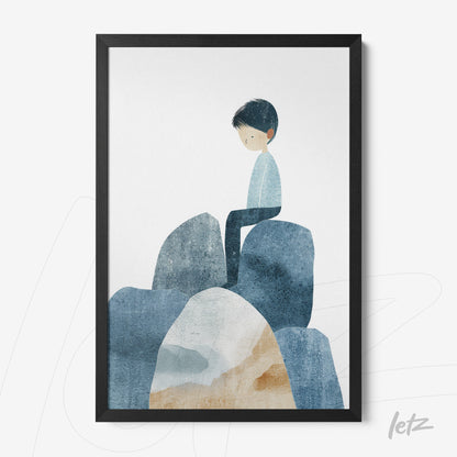 framed illustration of a boy sitting on rocks in shades of blue and cream with a black frame