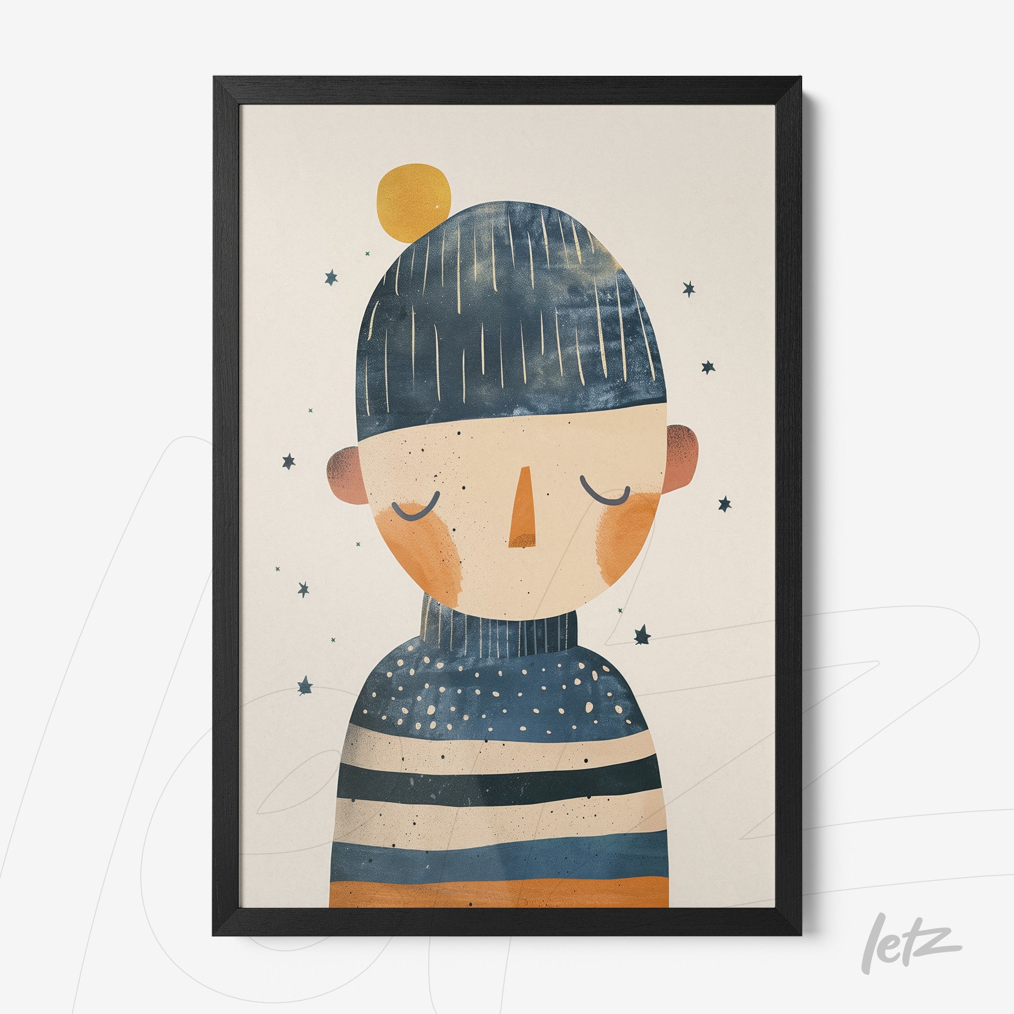 framed modern illustration of a human figure wearing a blue hat and striped sweater