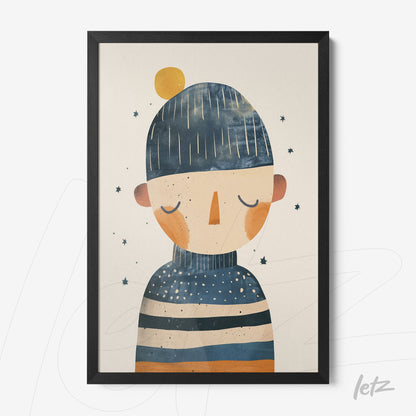 framed modern illustration of a human figure wearing a blue hat and striped sweater