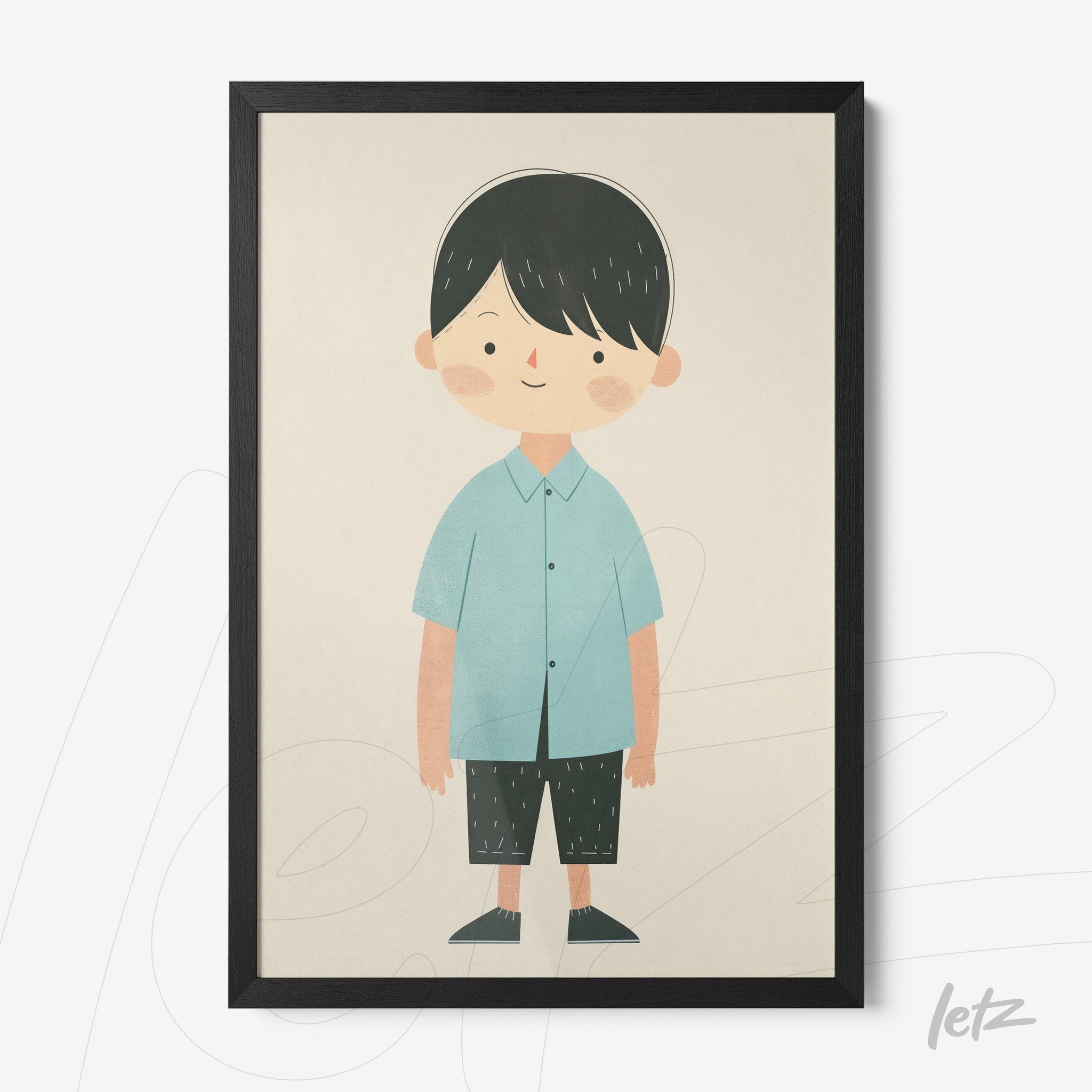 framed artwork of a smiling boy wearing a light blue shirt and black shorts