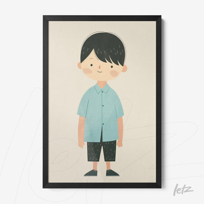 framed artwork of a smiling boy wearing a light blue shirt and black shorts