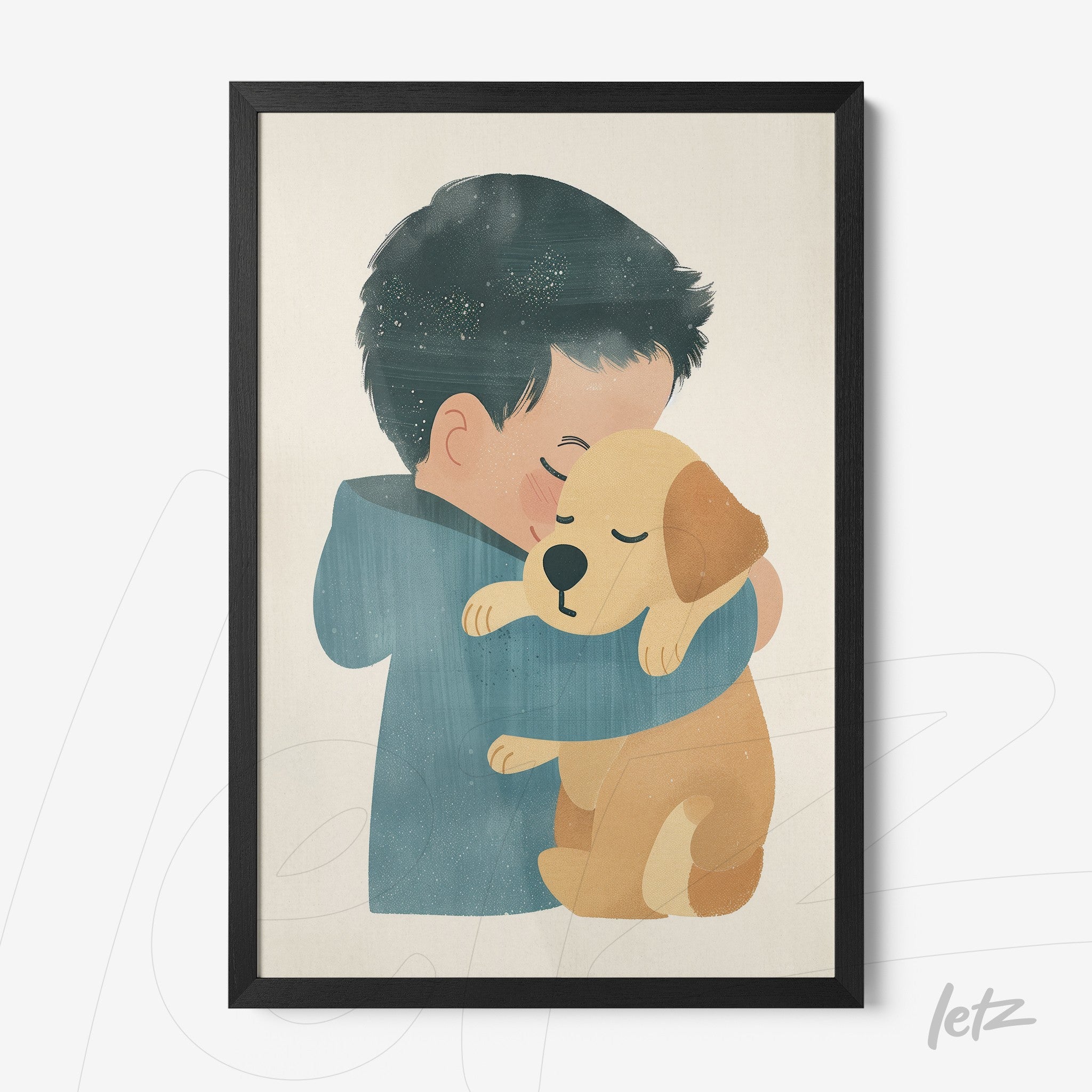 framed wall art featuring an illustration of a boy hugging a dog with a light textured background