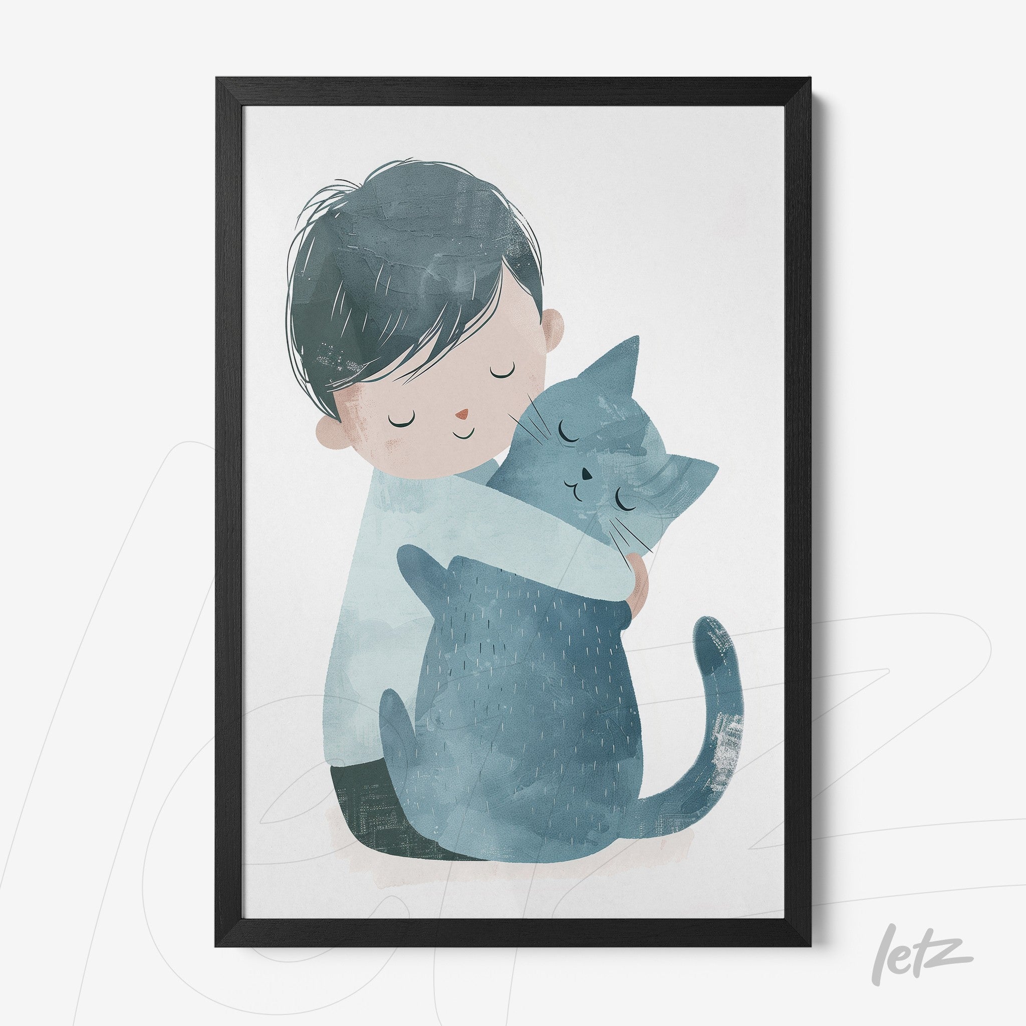 framed artwork of a boy hugging a blue cat with a black frame
