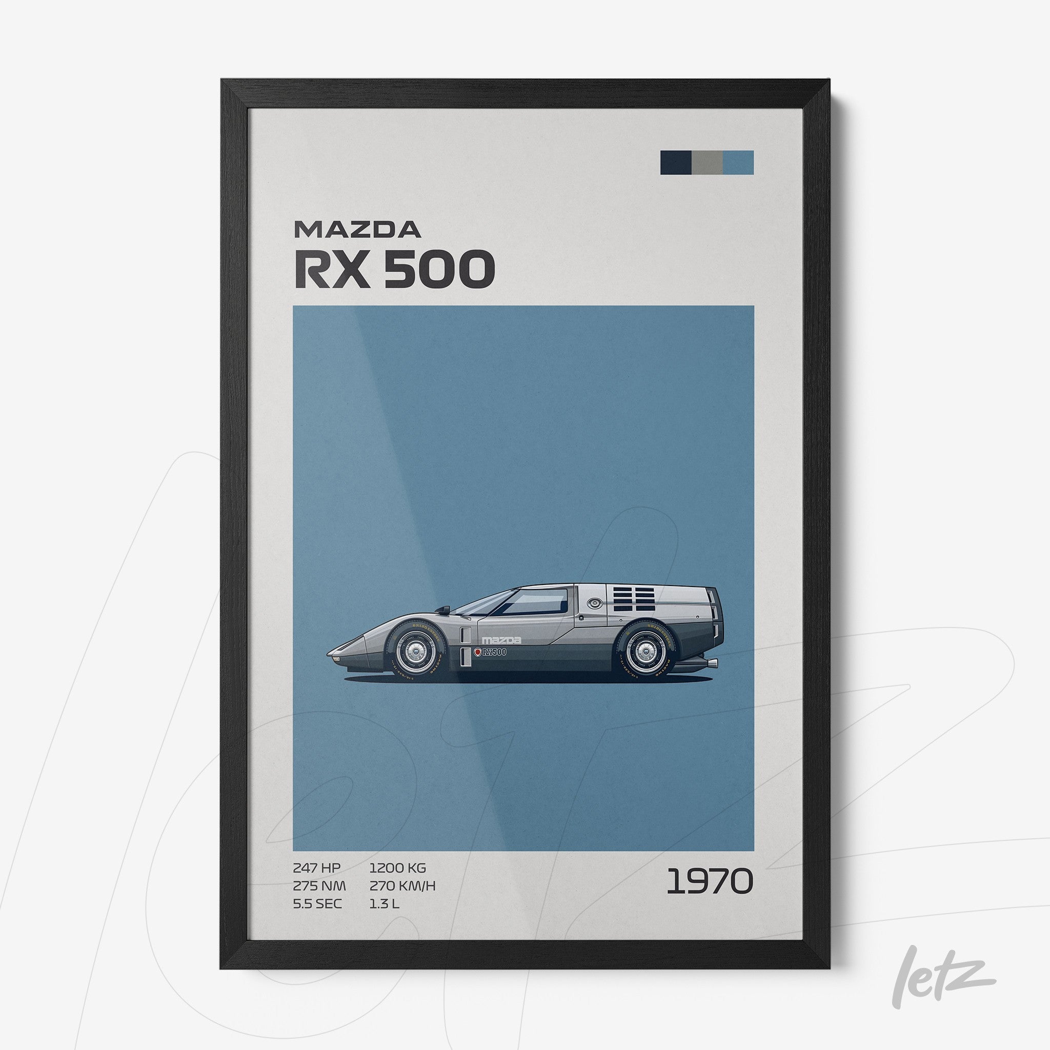 framed illustration of the mazda rx 500 car in a black frame against a blue background