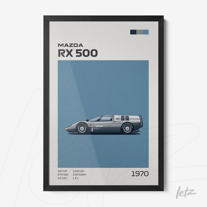 framed illustration of the mazda rx 500 car in a black frame against a blue background