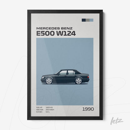 framed illustration of the Mercedes Benz E500 W124 in a black frame