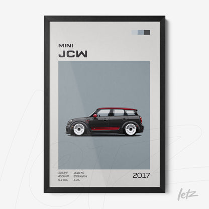 framed wall art featuring a minimalist illustration of a 2017 Mini JCW car in black frame