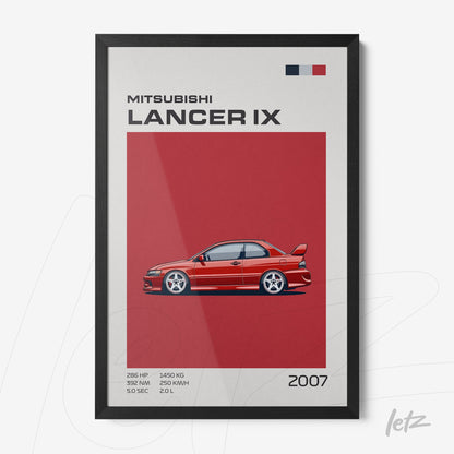 framed digital art of the 2007 Mitsubishi Lancer IX with vibrant red background and black frame