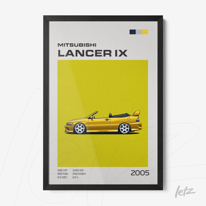framed minimalist art of a Mitsubishi Lancer IX with bright yellow background and black frame