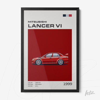 framed art of Mitsubishi Lancer VI in red background, featuring details about engine and performance