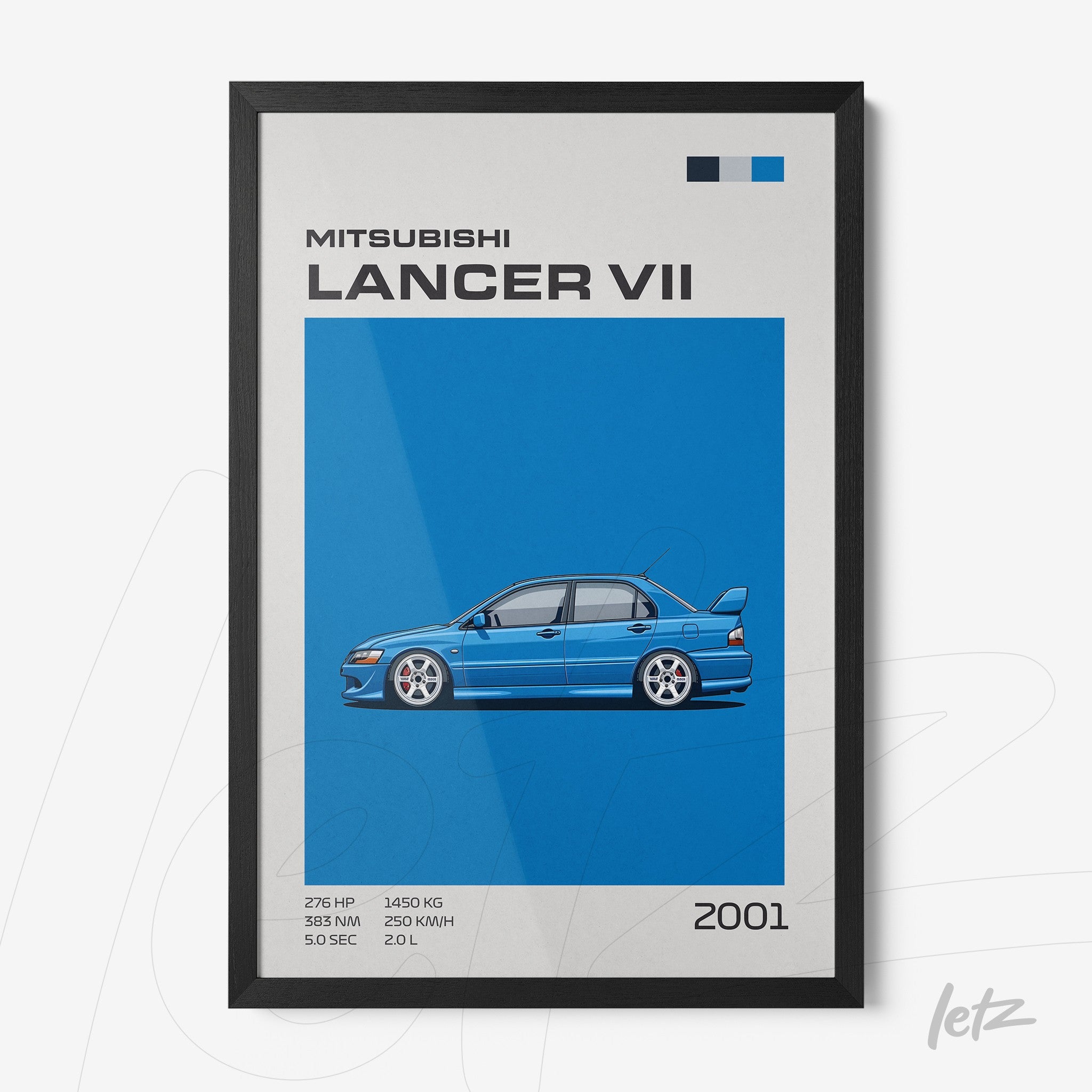 framed illustration of Mitsubishi Lancer VII on blue background with black frame