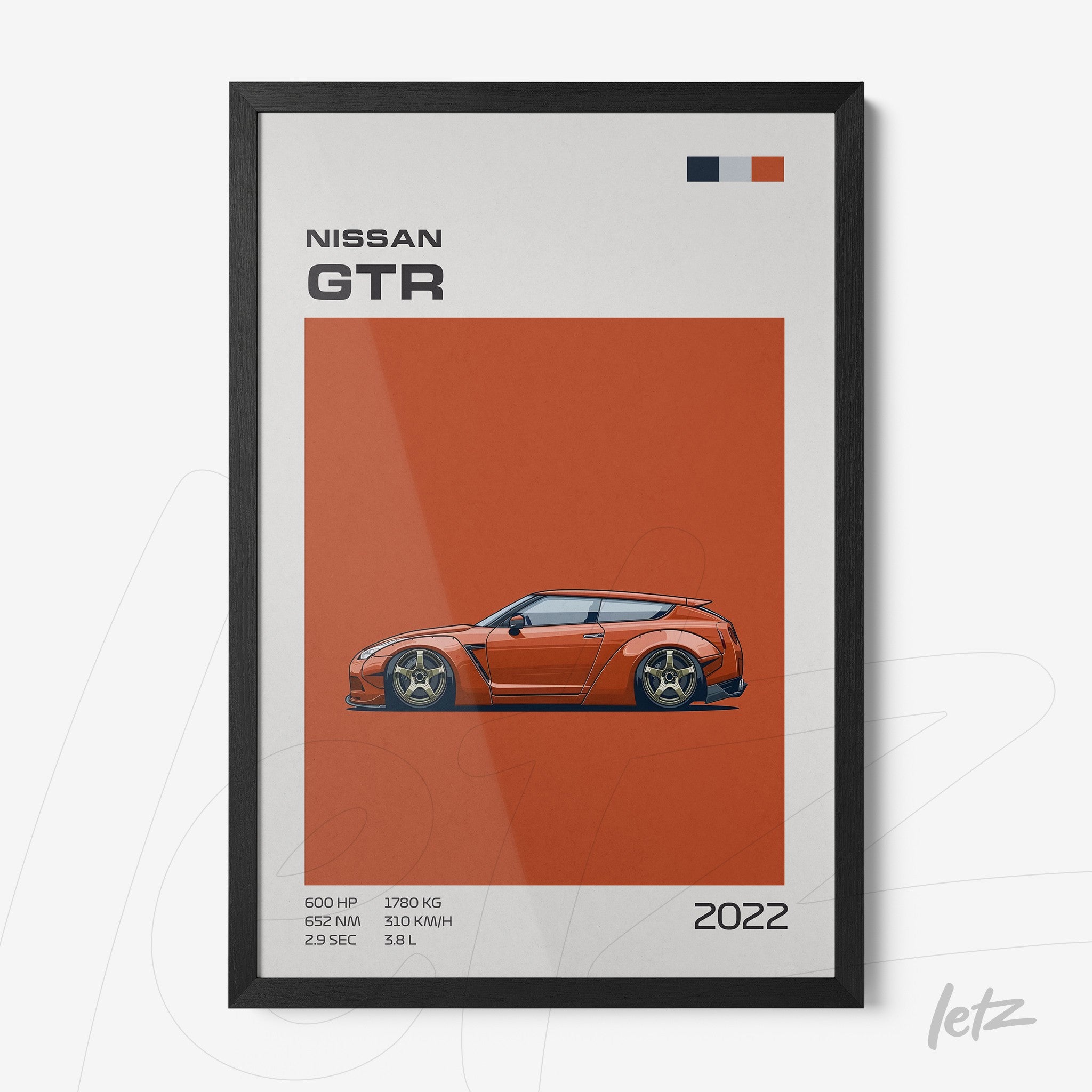 framed artwork of Nissan GTR car illustration with black frame and orange background
